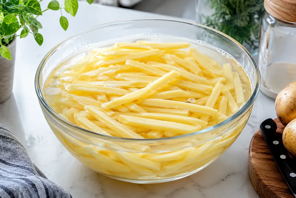 طرز تهیه سیب زمینی در سرخ کن بدون روغن؛ ترد، طلایی و خوشمزه مثل رستوران 2 خیساندن سیب زمینی در آب سرد قبل از پخت در هواپز